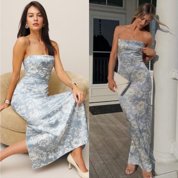 Reformation Dresses & Skirts - Reformation Frankie Silk Formal Dress Spaghetti Strap Porcelain Blue Floral 10 P